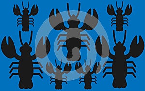 Many several lobsters bold all black silhouette against a deep blue backdrop