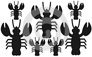 Many several lobsters bold all black silhouette against a white backdrop