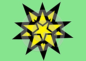 Many several multiple yellow stars of different sizes with black bold outlines against a light bright green backdrop