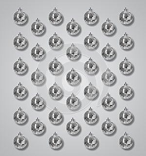 Many shiny disco balls on grey background, flat lay