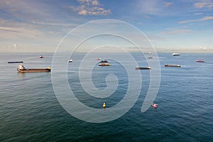 Many ships in Leamchabang harbor. Aerial view