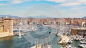 Many ships and yachts moored in Vieux-Port in Marseille, transport in France