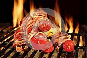 Many Shish Kebab On The BBQ Flaming Charcoal Grill