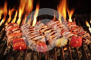 Many Shish Kebab On The BBQ Flaming Charcoal Grill photo