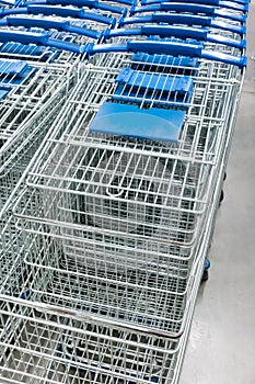 Many shopping carts in a row