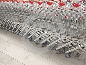 many shopping carts in the supermarket