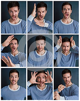 The many sides of me. Composite shot of a young man pulling funny faces in studio.