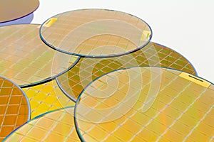 Many Silicon Wafers three types - gold color wafes with microchips