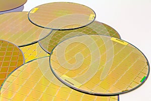 Many Silicon Wafers three types - gold color wafes with microchips