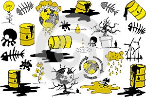 Many sketches and doodles regarding pollution and environment