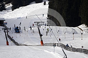 Many skiers skiing in dolomites gardena valley snow mountains