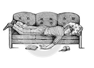 Many Sleeping on Couch Pencil Drawing Illustration photo