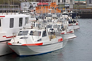 Many small fishermen boats at the dock in Hofn city, Iceland photo