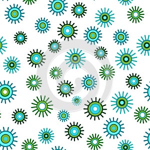 Many small green flowers on white background. Seamless pattern with daisies. Flower with many petals