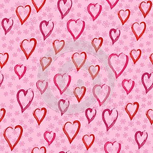 Many small red hearts and flowers on pink background. Delicate floral decor for girl. Design for your romantic projects
