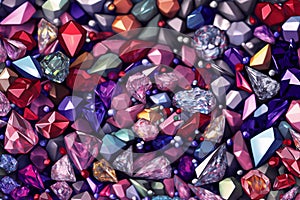 Many small ruby and diamond stones, luxury background. Neural network AI generated