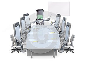 Many smartphone meeting around the table and follow their boss