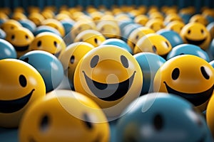 many smiley faces in a crowd of blue and yellow balls