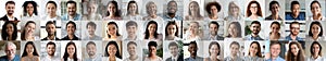 Many smiling multiethnic people faces headshots collage mosaic, banner design