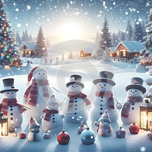 Many Snowmen Stand Tall, Creating a Charming Christmas Scene in the Snowy Landscape. Generative ai for illustrations