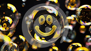 Many soap bubbles with smiley face refraction