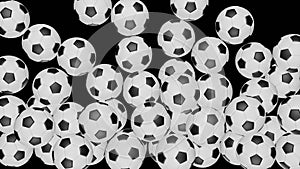 Many soccer balls on black background. 3d render.