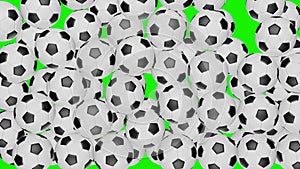 Many soccer balls falling down on chromakey background.