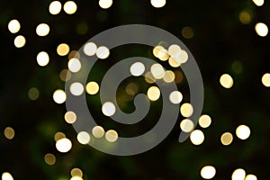 Many soft orange gold blurry bokeh light on green blur Christmas tree background in Christmas and New Year festival day