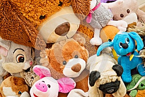 Many Soft plush fluffy toys sits in the children`s room