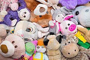 Many Soft plush fluffy toys sits in the children`s room