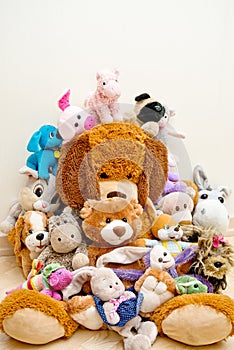 Many Soft plush fluffy toys sits in the children`s room