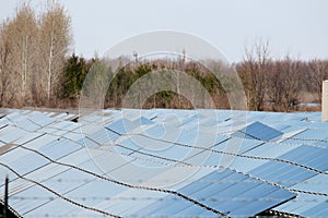 Many solar panels in a row in a large solar panel field