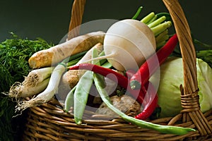 Many sorts of vegetable in wicker basket