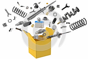 Many spare parts flying out of the box gray background. Isolated auto spare parts on gray background. 3D rendering