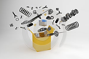 Many spare parts flying out of the box gray background. Isolated auto spare parts on gray background. 3D rendering