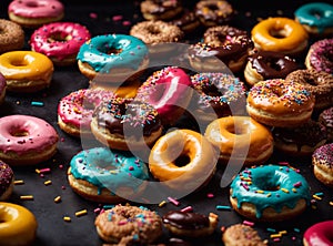 many sparkling glazed donuts on a luxurious black background