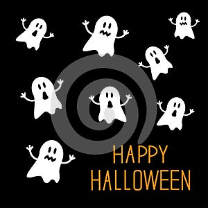 Many spook ghosts. Happy Halloween card. Flat design.