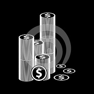 Many stacked dollar coins for web icons on a black background