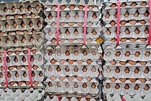 Many stacks of rows and paper packaging for chicken eggs, stacked in a store, brought from poultry farms in rural areas for sale