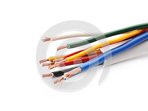 Many stripped electrical wires on white background