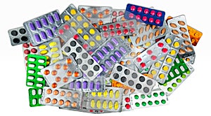 Many of tablet pills isolated on white background. Yellow, purple, black, orange, pink , green tablet pills in blister pack. Paink