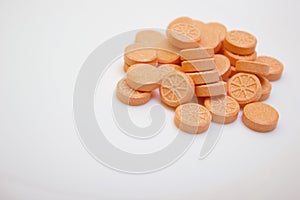 Many tablets and orange vitamin - protection during quarantine, coronavirus, covid19