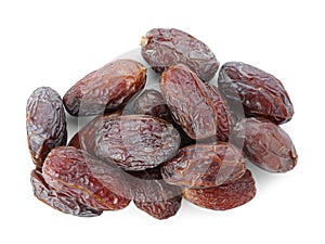 Many tasty dried dates isolated on white, top view