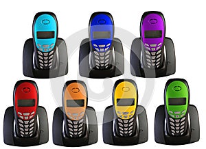 Many telephones in color of rainbow, collage