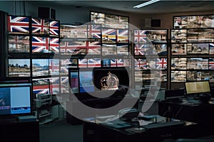 many televisions with the flag of the United Kingdom of Great Britain