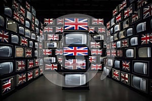 many televisions with the flag of the United Kingdom of Great Britain