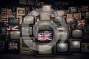 many televisions with the flag of the United Kingdom of Great Britain