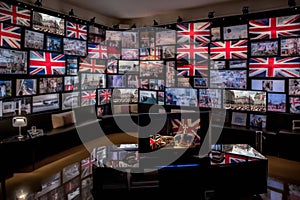 many televisions with the flag of the United Kingdom of Great Britain