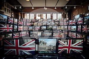 many televisions with the flag of the United Kingdom of Great Britain