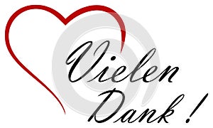Many Thanks in german language. Black Vector lettering with red heart. White back.